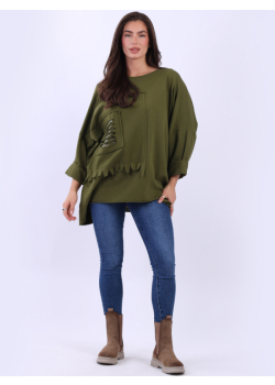Solid Sequin Raw Edge Cotton Baggy Top