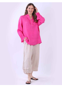 Solid Linen Ruffle Casual Baggy Top