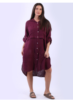 Button Down Plain Linen Shirt Dress