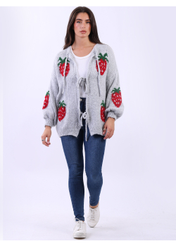 Ladies Strawberry Knit Front Knots Wooly Cardigan