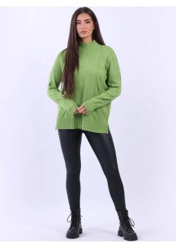 Ladies Lagenlook Funnel Neck Cable Knit Jumper