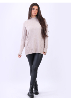 Ladies Lagenlook Funnel Neck Cable Knit Jumper