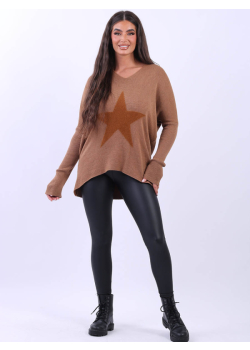 V-Neck Frontside Star Knitted Lagenlook Oversized Jumper