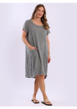 Ladies Plain Vintage Washed Linen Shift Dress