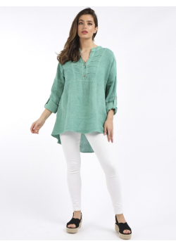 Plain Pleated Front Dip Hem Linen Tunic Top