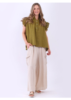 Ruched Waist Linen Lagenlook Solid Blouse