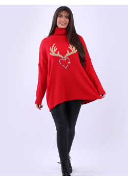 Reindeer Christmas Sequin Heart Woolen Baggy Knitted Jumper