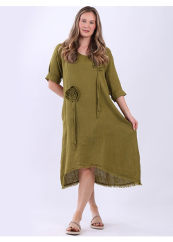 Flower Applique Plain Linen Oversized Dress