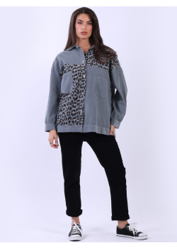 Women Button Down Cotton Leopard Shacket
