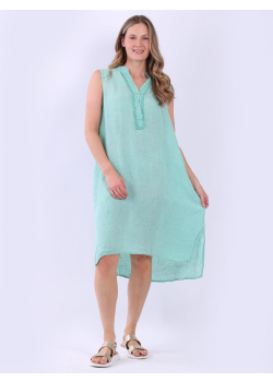 Plain Linen Front Lace Placket Ladies Lagenlook Sleeveless Dress