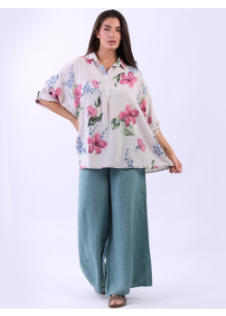 Floral Print Cotton Ladies Collared Baggy Shirt