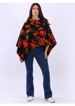 Floral Print Wool Knit Plus Size Ladies Poncho