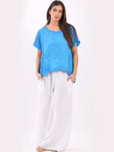 V-Neck Vintage Wash Dipped Hem Linen Top